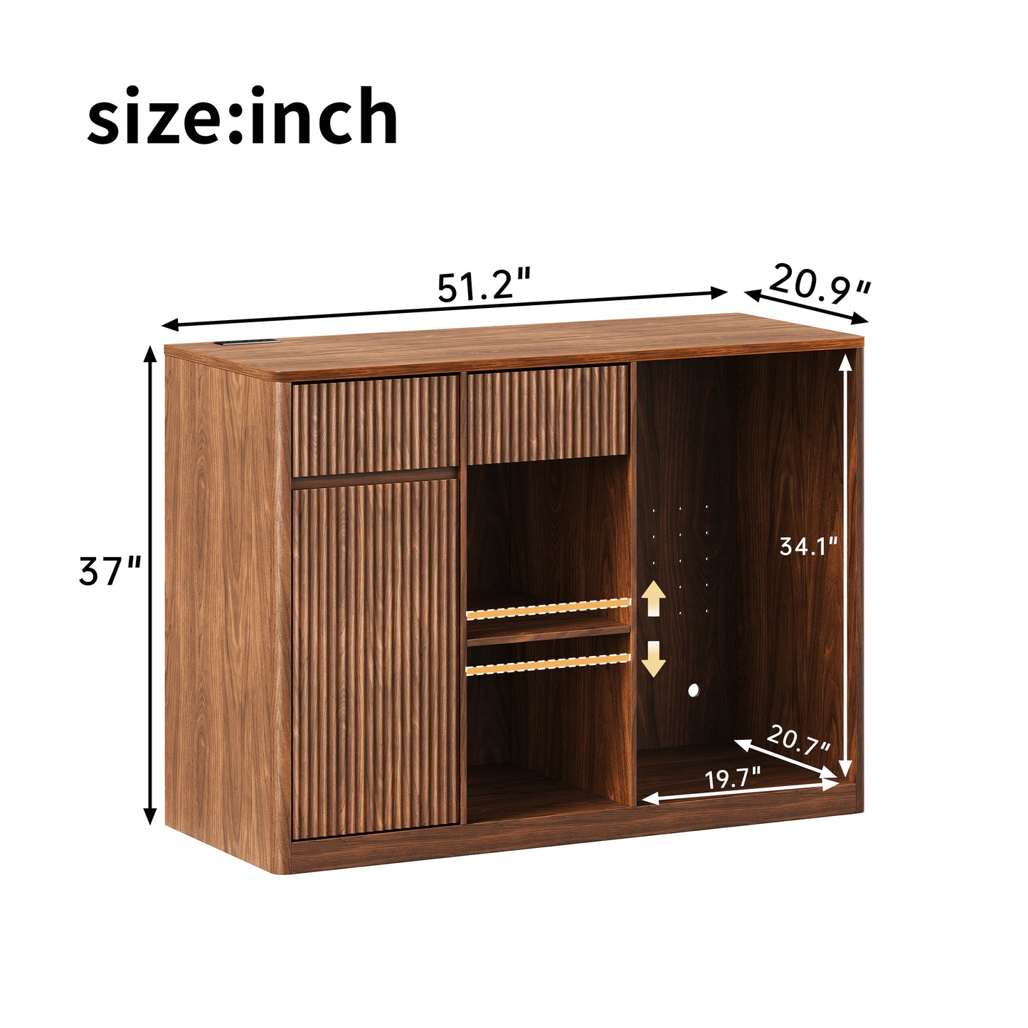 51" Fluted Bar Cabinet with Fridge Space (Fridge Not Included), Modern Coffee Station with Charging Hub & Wine Glass Rack, Walnut Buffet Sideboard for Home Beverage & Liquor Storage. image 7