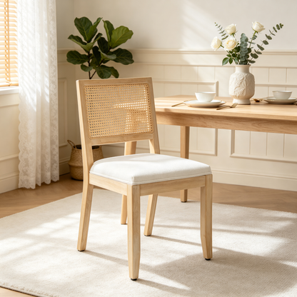 Farmhouse Rattan Dining Chairs Set of 2, Mid Century Modern Kitchen & Dining Room Chairs, Cane Low Back, with Natural Solid Wood Frame, Beige image 11