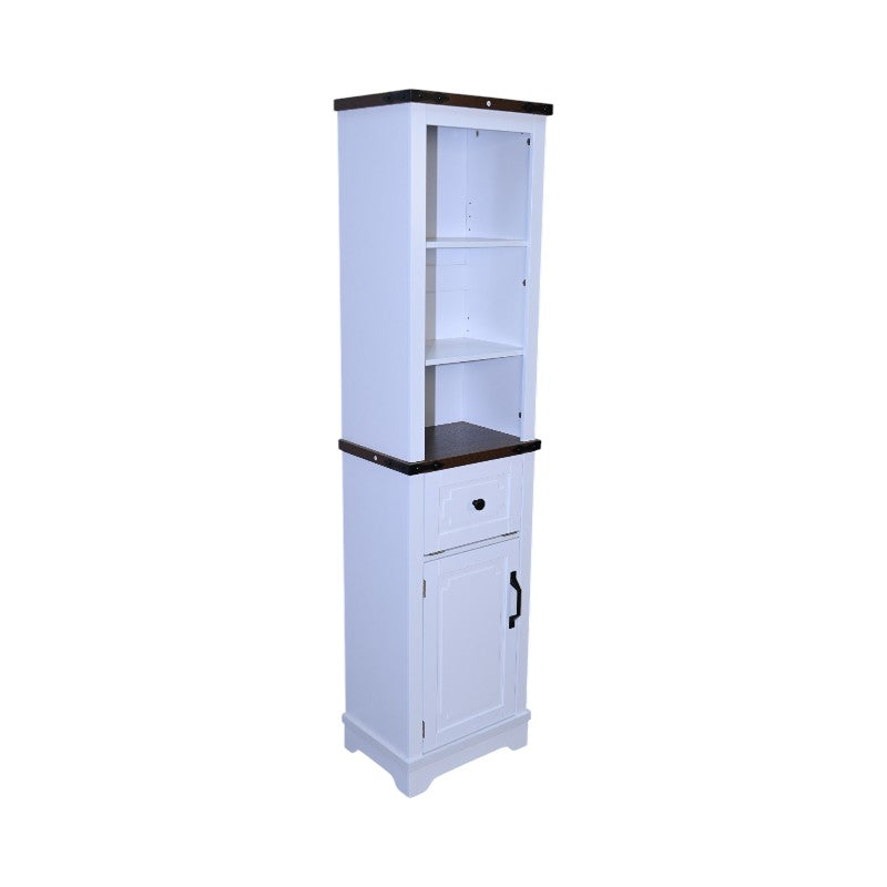 Narrow cabinet with open door showing adjustable shelves