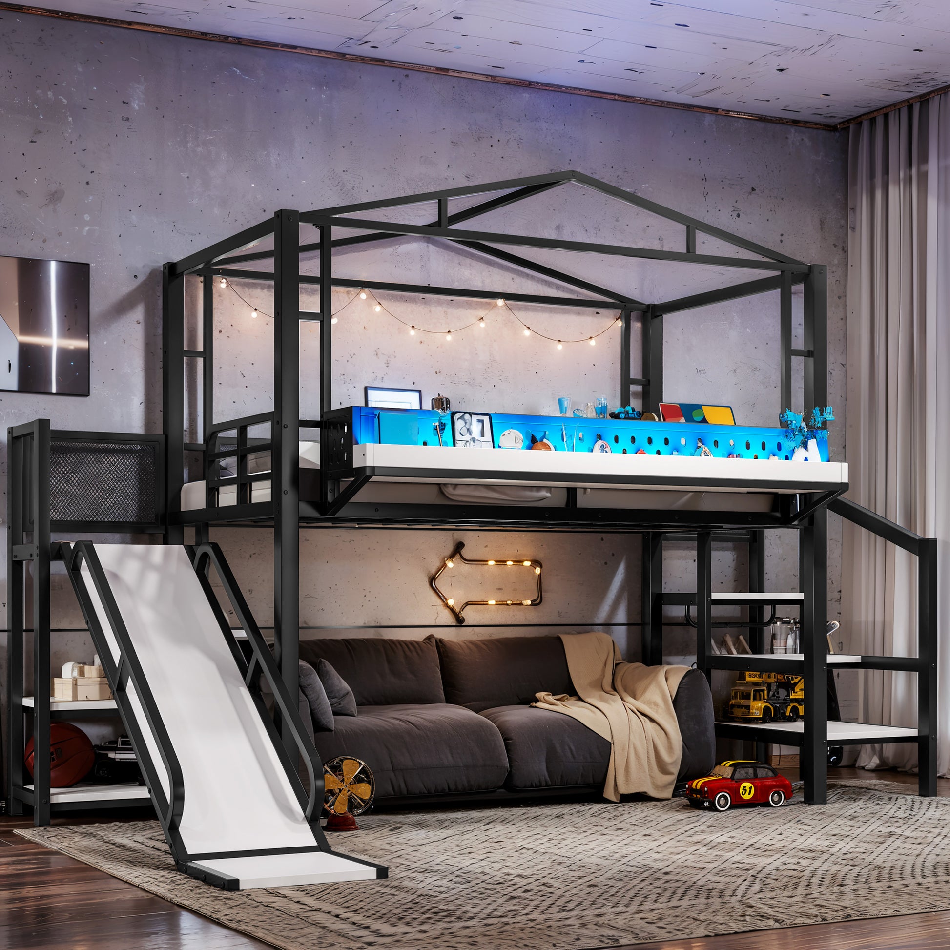 Twin Size Loft Bed with Storage Stairs, Shelves and Built-in Wardrobe, Metal Loft Bed Frame with USB Ports and LED Lights, Noise-reduced Design, Black image 1