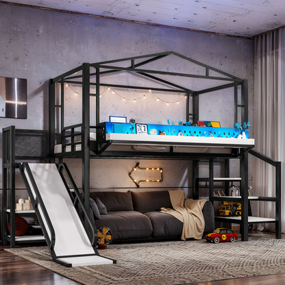 Twin Size Loft Bed with Storage Stairs, Shelves and Built-in Wardrobe, Metal Loft Bed Frame with USB Ports and LED Lights, Noise-reduced Design, Black image 1
