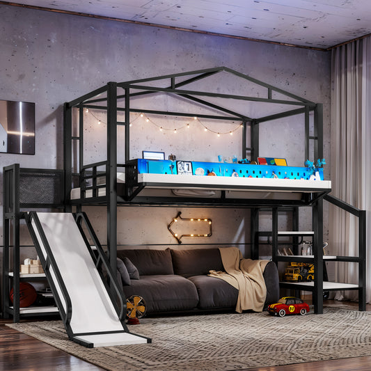 Twin loft bed with storage stairs and wardrobe - black metal frame