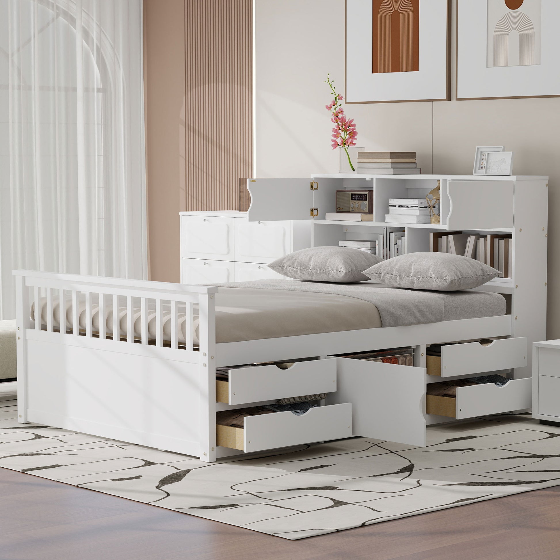 Full Size Captain Platform Bed Frame with Storage Bookcases and Shelves,Four Drawers,White image 2