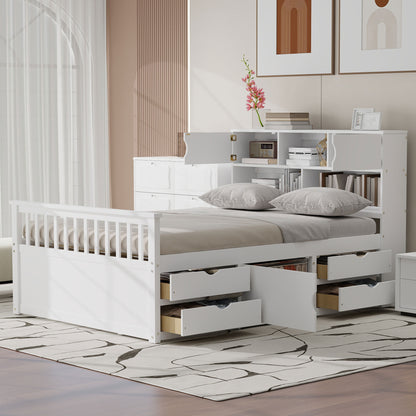 Full Size Captain Platform Bed Frame with Storage Bookcases and Shelves,Four Drawers,White image 2