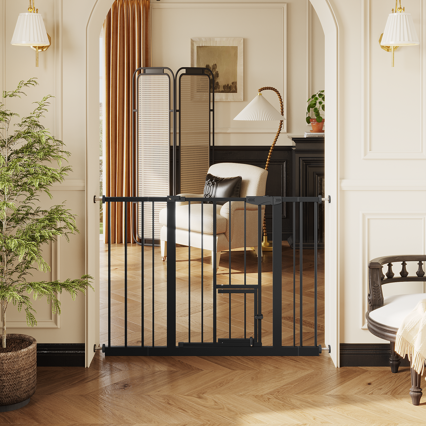 Baby Gate with Cat Door, 29.5-44.1" Metal Pet Door for Stairs & Doorways,Pressure Mounted,No Tools Needed, Black image 11