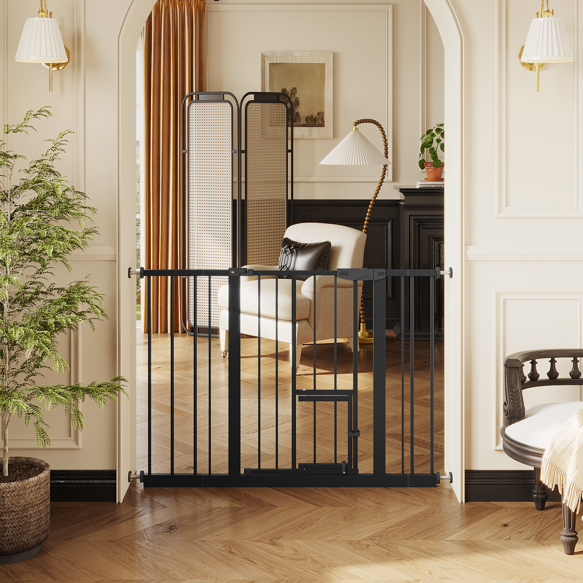 Baby Gate with Cat Door, 29.5-44.1" Metal Pet Door for Stairs & Doorways,Pressure Mounted,No Tools Needed, Black image 11