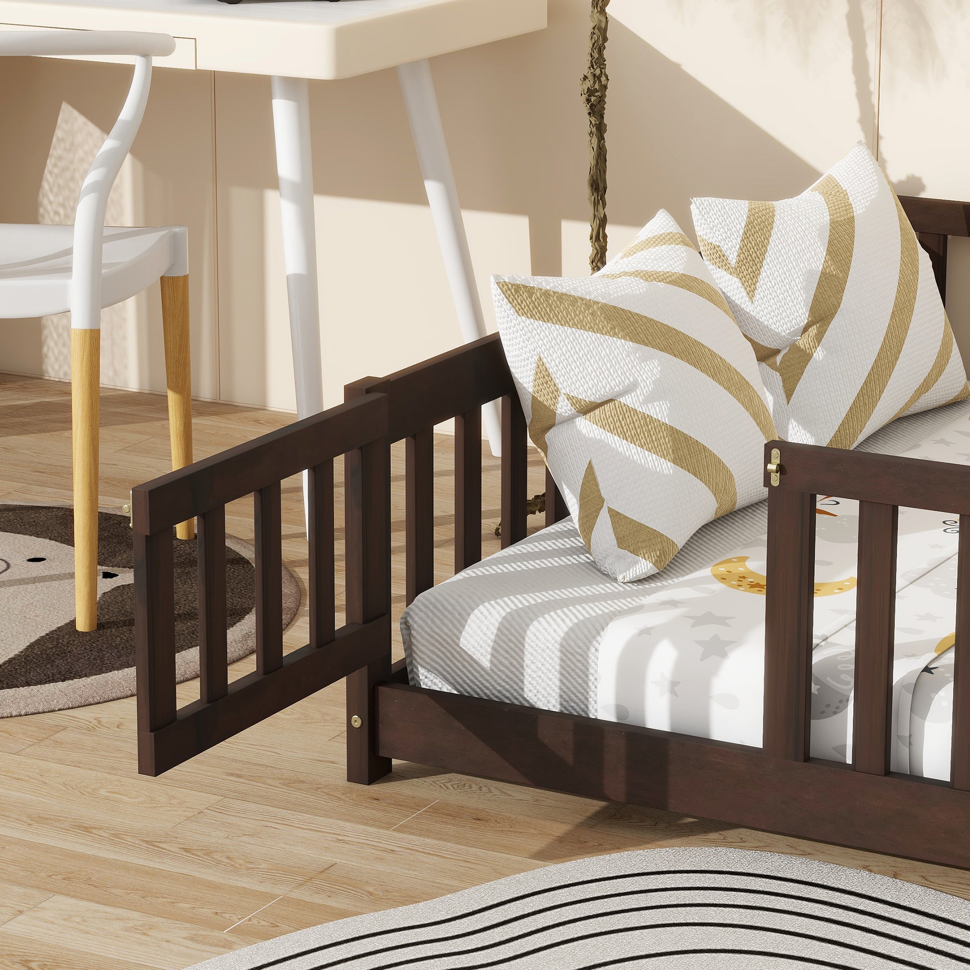 Full Size Floor Bed with Fence and Door,Rubber Wood Floor Bed with Safety Guardrails,Espresso (Old Sku W504P286381) image 7