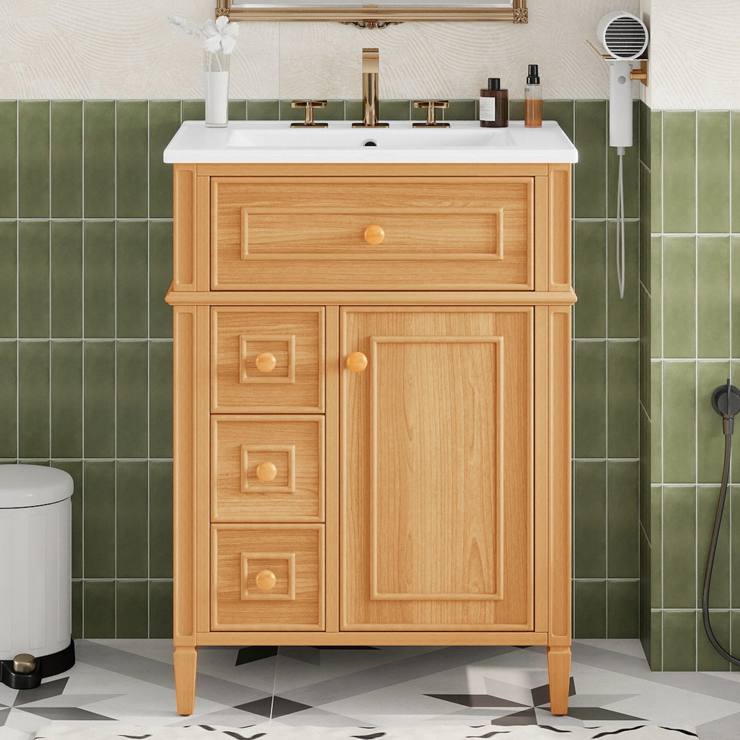 24" Bathroom Vanity with Sink, Wood Vanity Cabinet with Flip-Out Drawer, 2 Soft-Close Drawers, 1 Soft-Close Door, Solid Wood & MDF, Elegant Wood Handles image 9