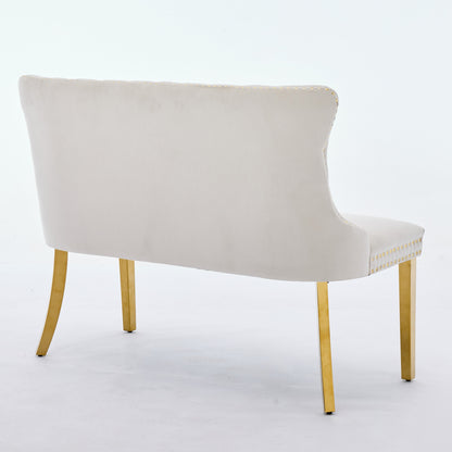 Velvet Double Dining Loveseat Bench, Kitchen & Dining Seating, 2-Seat Tufted Bench w/Handmade Buttons, Wing Back, Gold-Plated Steel Legs, Mid Century Modern,Single Pack,Beige,SW1602BG image 6