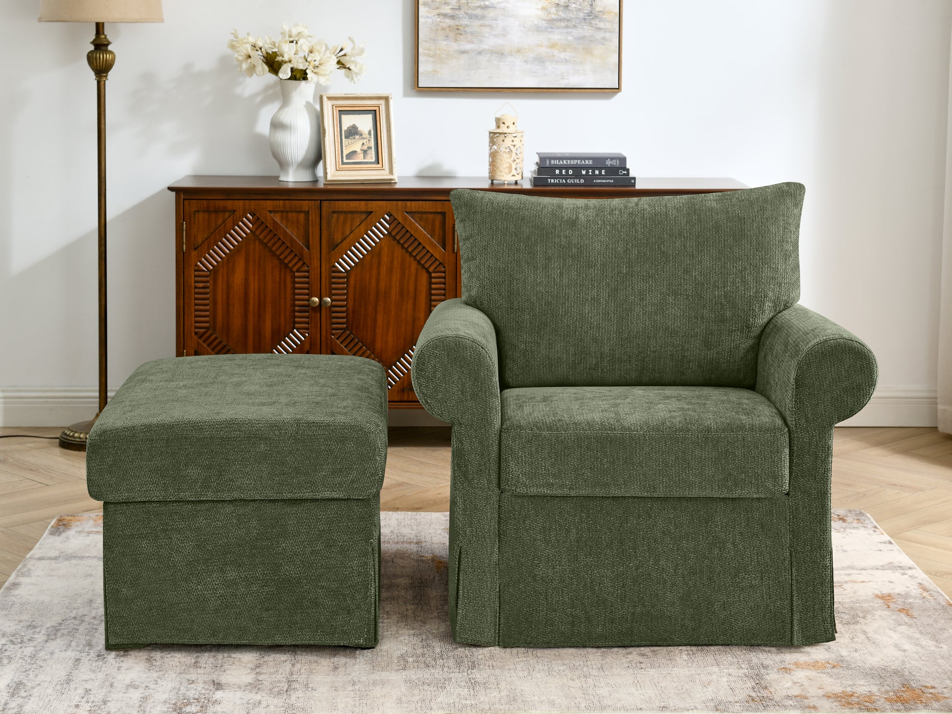 37.5" Accent Chair with Ottoman, Plush Chenille Upholstered Armchair, Stylish Single Sofa Chair for Living Room, Bedroom, Apartment image 2