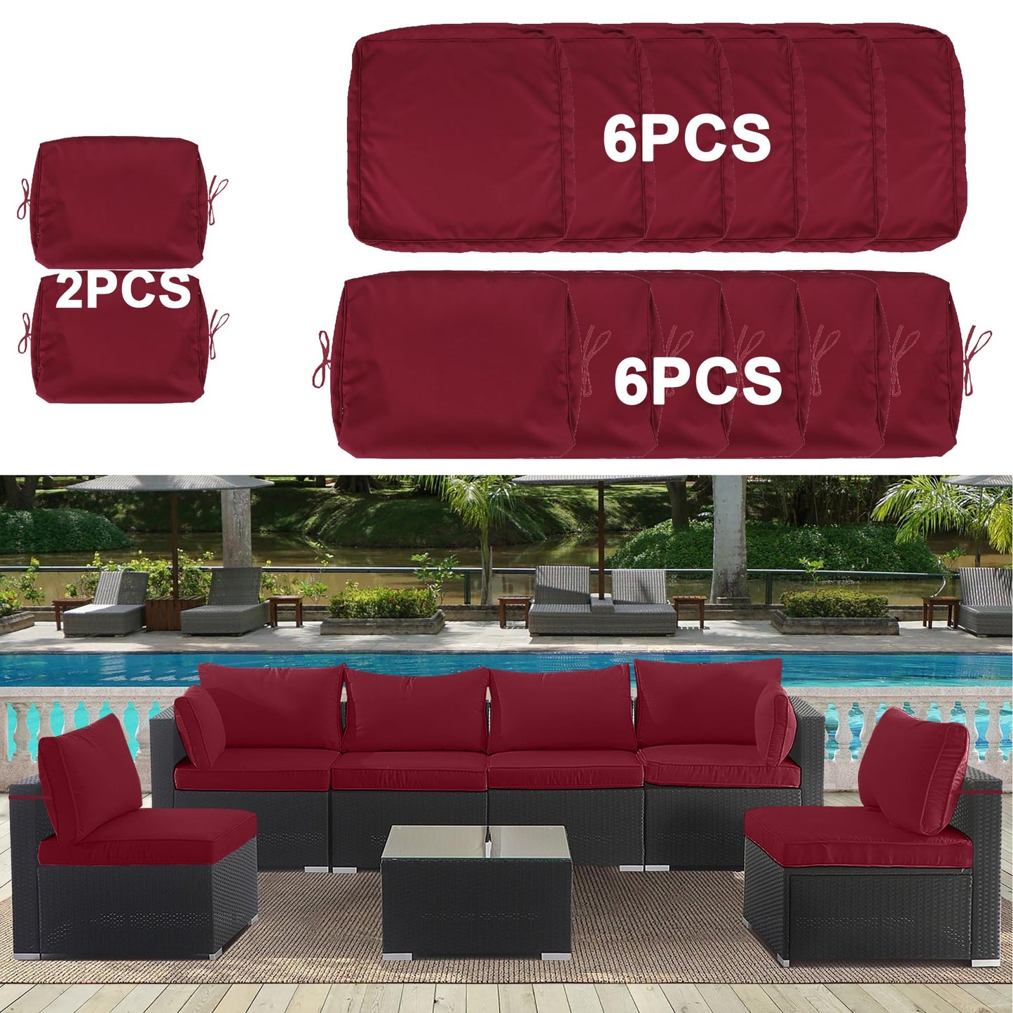 Cushion Covers for 7 Pcs (6-Seaters) Wicker Rattan Sectional Sofa, 14Pack Cushion Slipcovers Set Seat and Back,Outdoor Cushion Slipcover with Zipper, red(Only Cover) red image 7