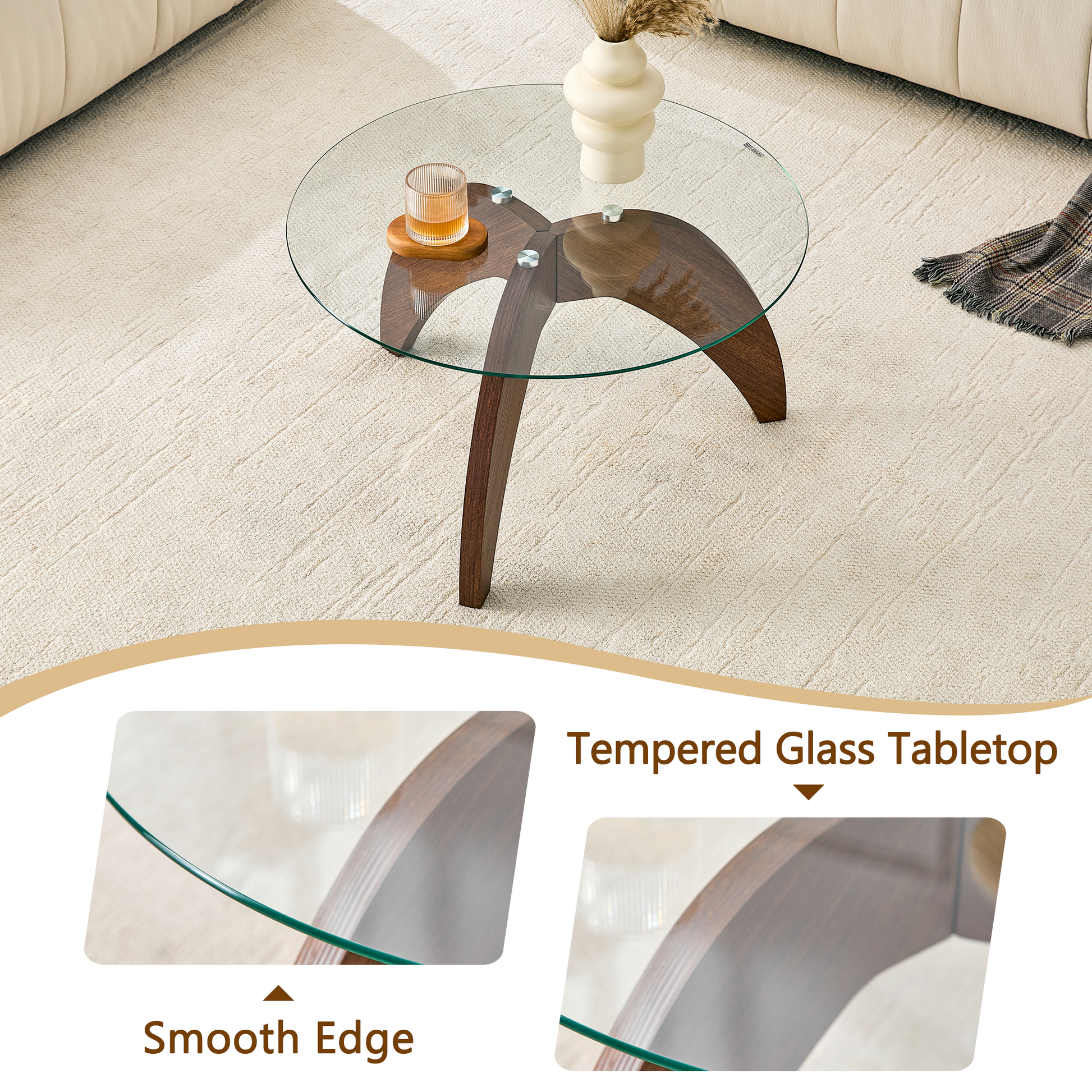 Creative claw-style triangular-leg round coffee table, approximately 27.5 inches in diameter, featuring a clear tempered glass top and walnut-colored MDF. Perfect as a living room coffee table,etc. image 6