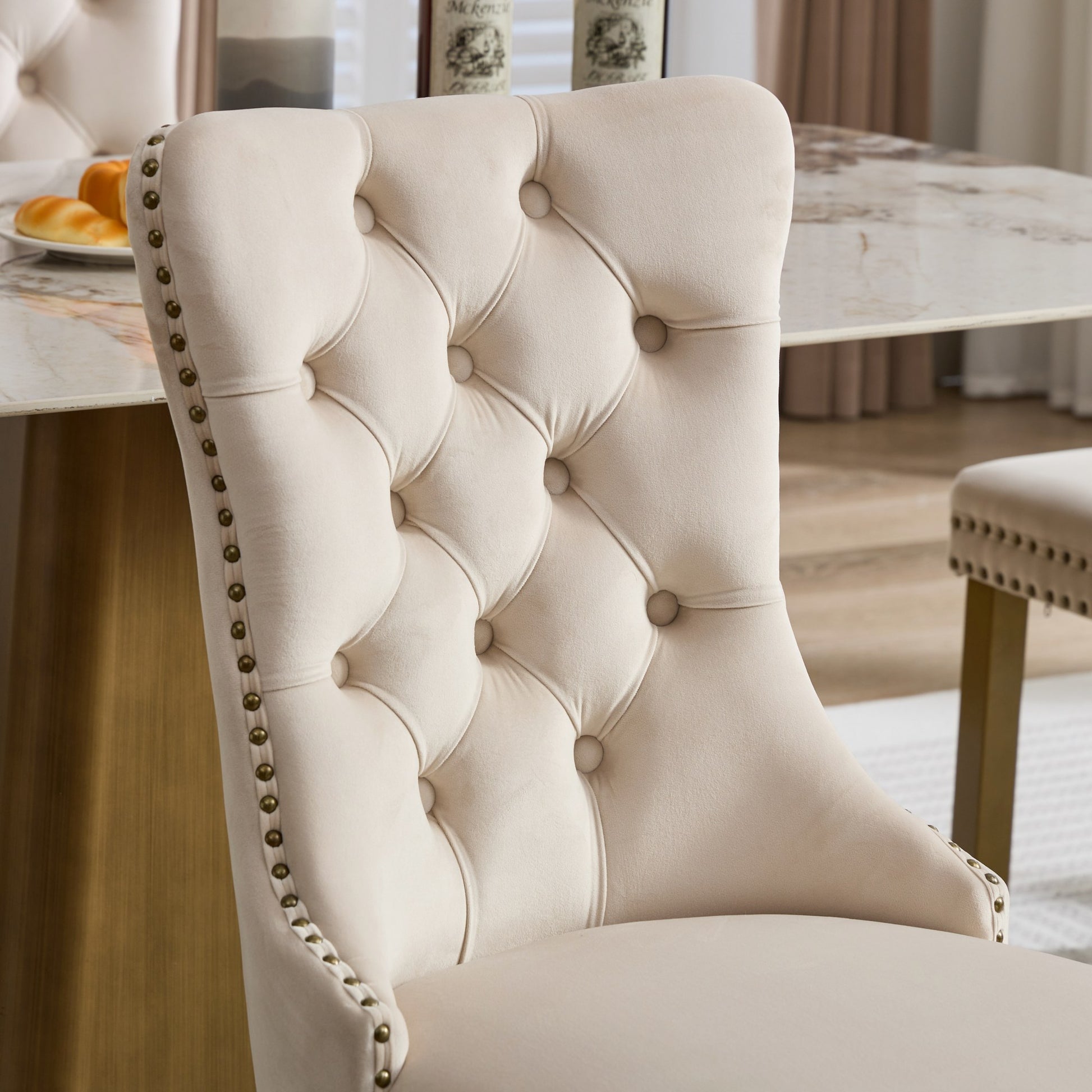 Mid-Century Modern Chairs with Lion Head Pull Ring,High-end Tufted Solid Wood Contemporary Velvet Upholstered Dining Chair with Golden Wooden Legs Nailhead Trim 2-Pcs Set,Beige,SW1201BG image 10