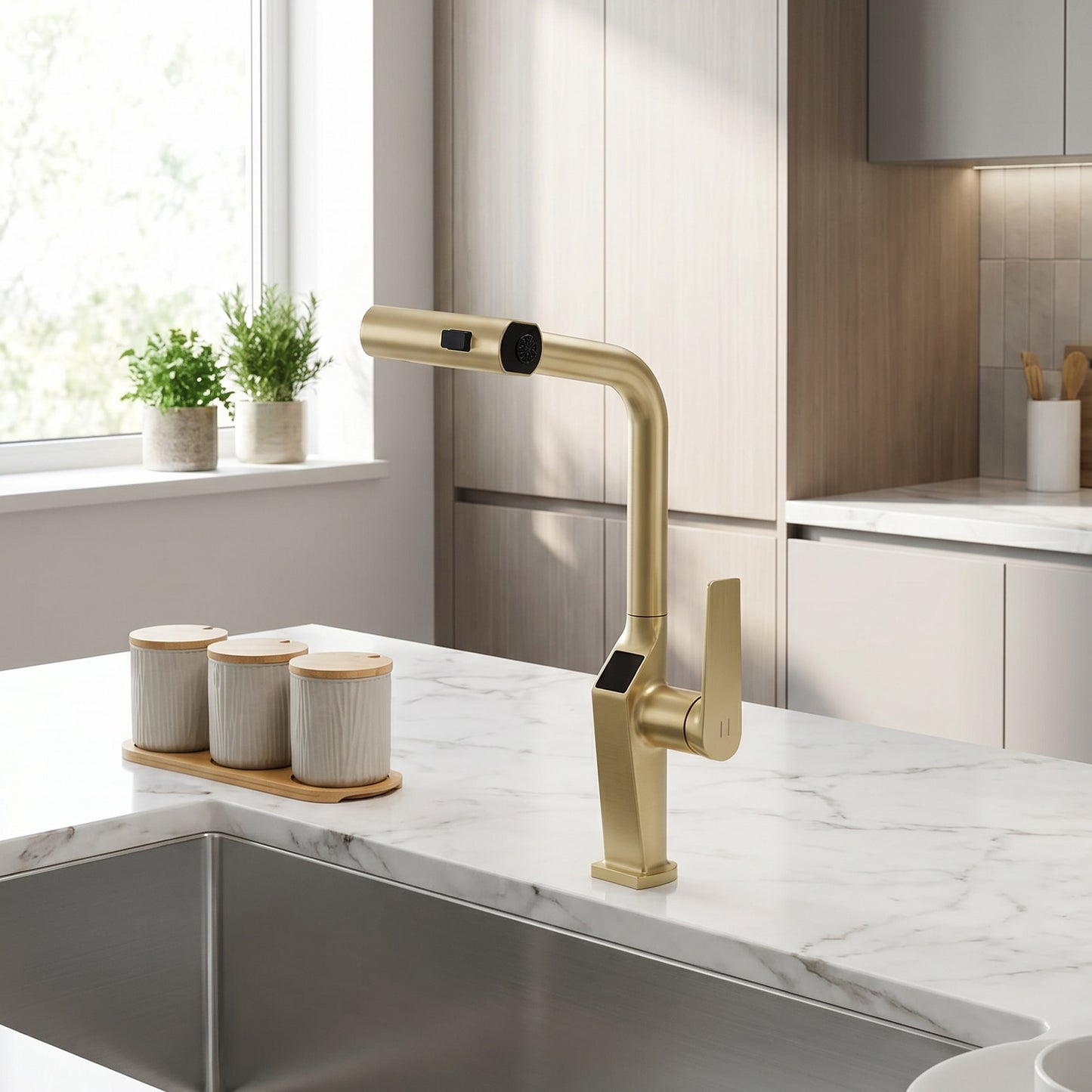 Touchless ​​Brushed Gold Kitchen Faucet with LED Display, Motion Sensor Kitchen Sink Faucet with 3-Function Pull-Out Sprayer & 360° Swivel Spout image 6