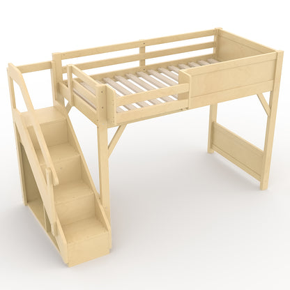 Twin Size Loft Bed with Built-in Wardrobe and Storage Space, Solid Wood Loft Bed with Beside Shelves, Full-length Guardrails and Stairs, No Box Spring Needed, Natural image 10
