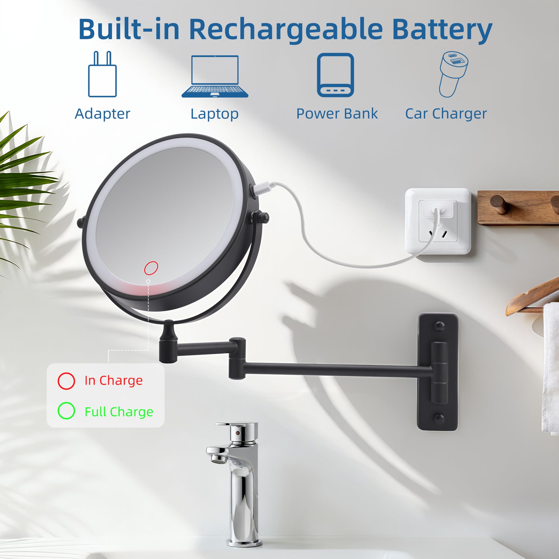 Wall Mounted Lighted Makeup Mirror, 1000mAh Rechargeable Double Sided 1X/10X Magnifying Mirror with Light,3 Color Lights,Touch Dimmable, Extended Arm 360 Rotation Wall Mounted Makeup Mirror image 6