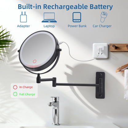 Wall Mounted Lighted Makeup Mirror, 1000mAh Rechargeable Double Sided 1X/10X Magnifying Mirror with Light,3 Color Lights,Touch Dimmable, Extended Arm 360 Rotation Wall Mounted Makeup Mirror image 6