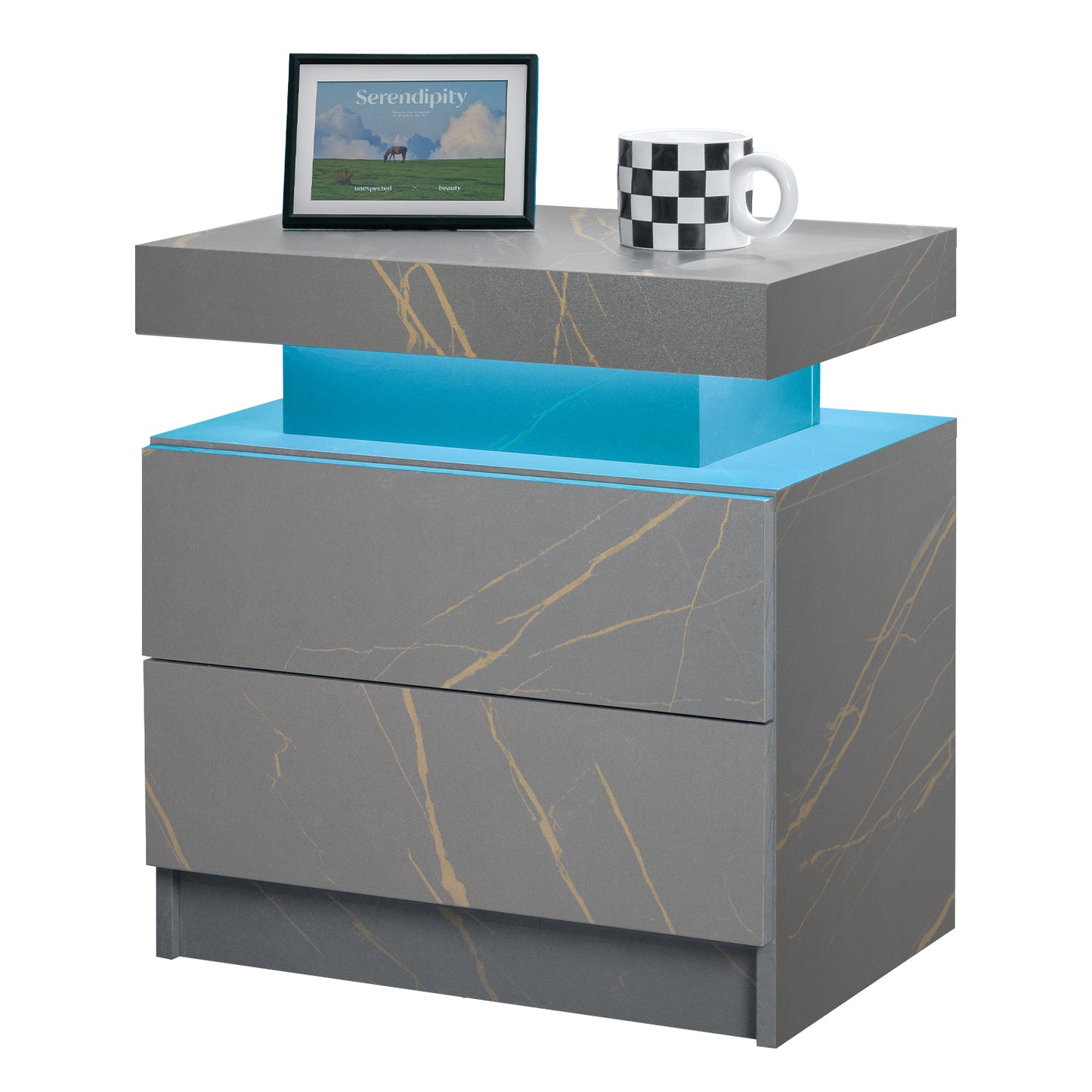 Nightstand LED Bedside Table Cabinet Lights Modern End Side with 2 Drawers for Bedroom (Grey Gold) image 7
