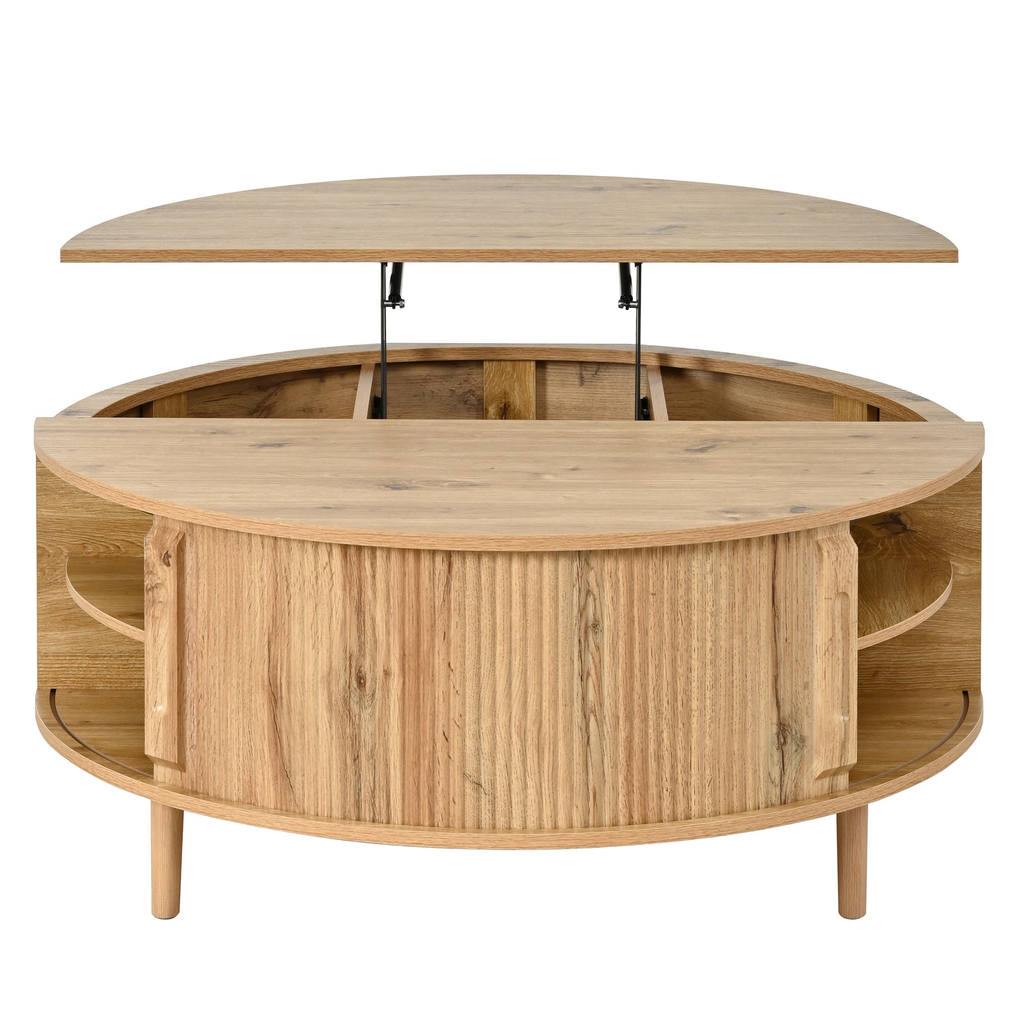 U-Can Minimalist Round Lift-Top Coffee Table with Hidden Storage, Sliding Door, Pine Legs, and Wood Wave Finish image 10