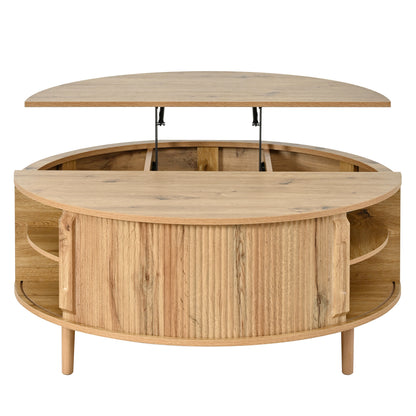 U-Can Minimalist Round Lift-Top Coffee Table with Hidden Storage, Sliding Door, Pine Legs, and Wood Wave Finish image 10