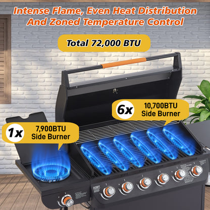 6 Burner BBQ Propane Gas Grill with Side Burner 72000 BTU Output Stainless Steel Barbecue Grill with Cast Iron Grates and Side Tables for Outdoor Cooking Kitchen and Patio Backyard. image 5