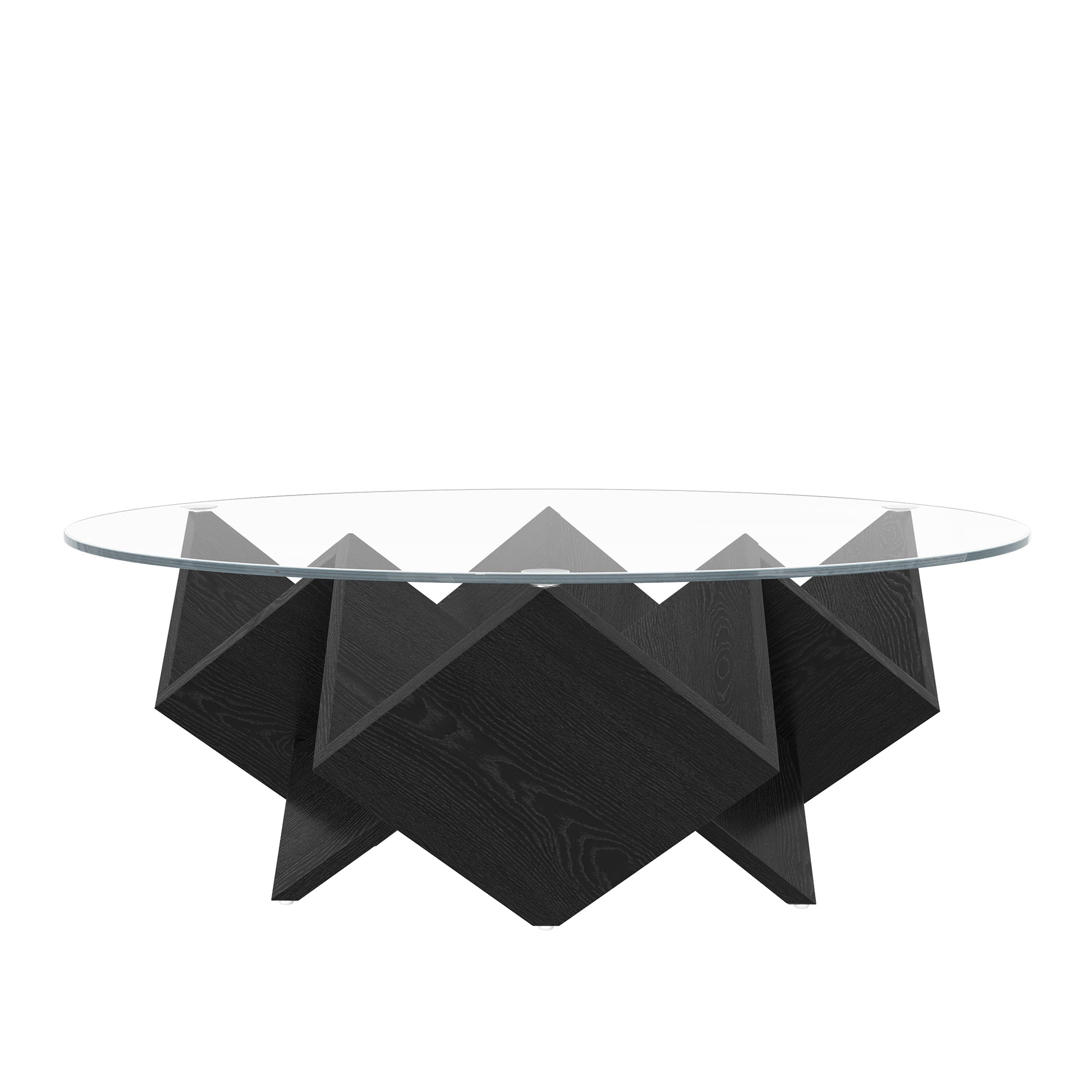 The Round Coffee Table with Glass Top and Geometric Abstract Art Deco Base Storage Shelves, Black, 35.4" image 10