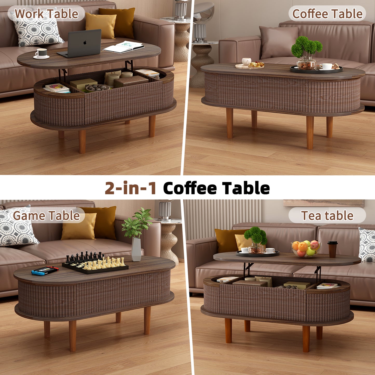 Fluted Lift Top Coffee Table with Hidden Compartment, Wooden Center Table, Modern Oval Lift Tabletop for Home Living Room Office, Walnut Color image 9