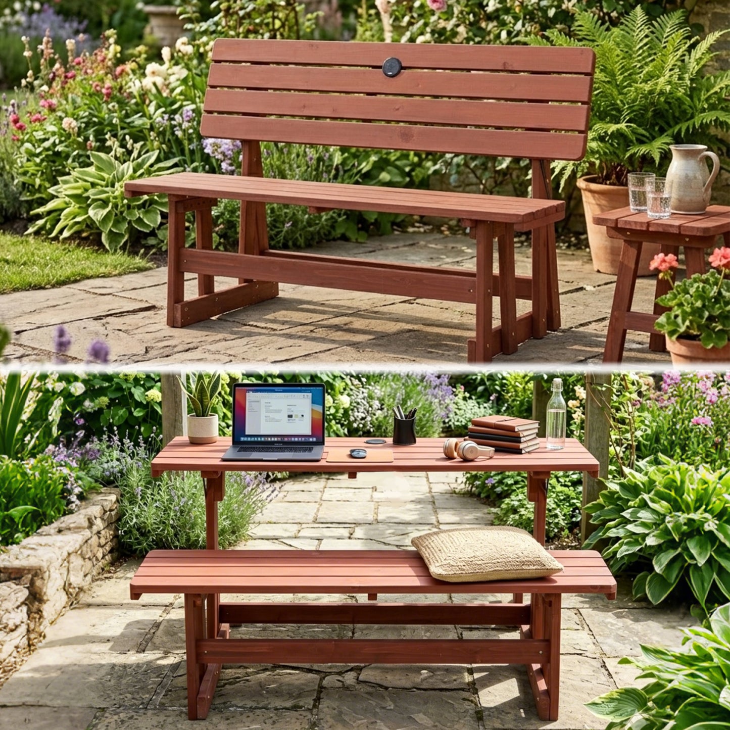 2-in-1 Convertible Bench Picnic Table, Outdoor Folding Dining Set with Backrest & Umbrella Hole, Solid Wood Waterproof & UV Resistant – For Backyard, Patio, Garden, Park Walkway image 9