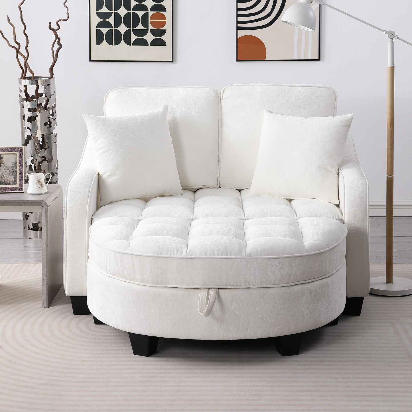 Two-seater sofa, double sofa chaise longue, with irregular armrests and backrests, footrest with storage space, comes with two small throw pillows, suitable for living room and bedroom - Beige image 4
