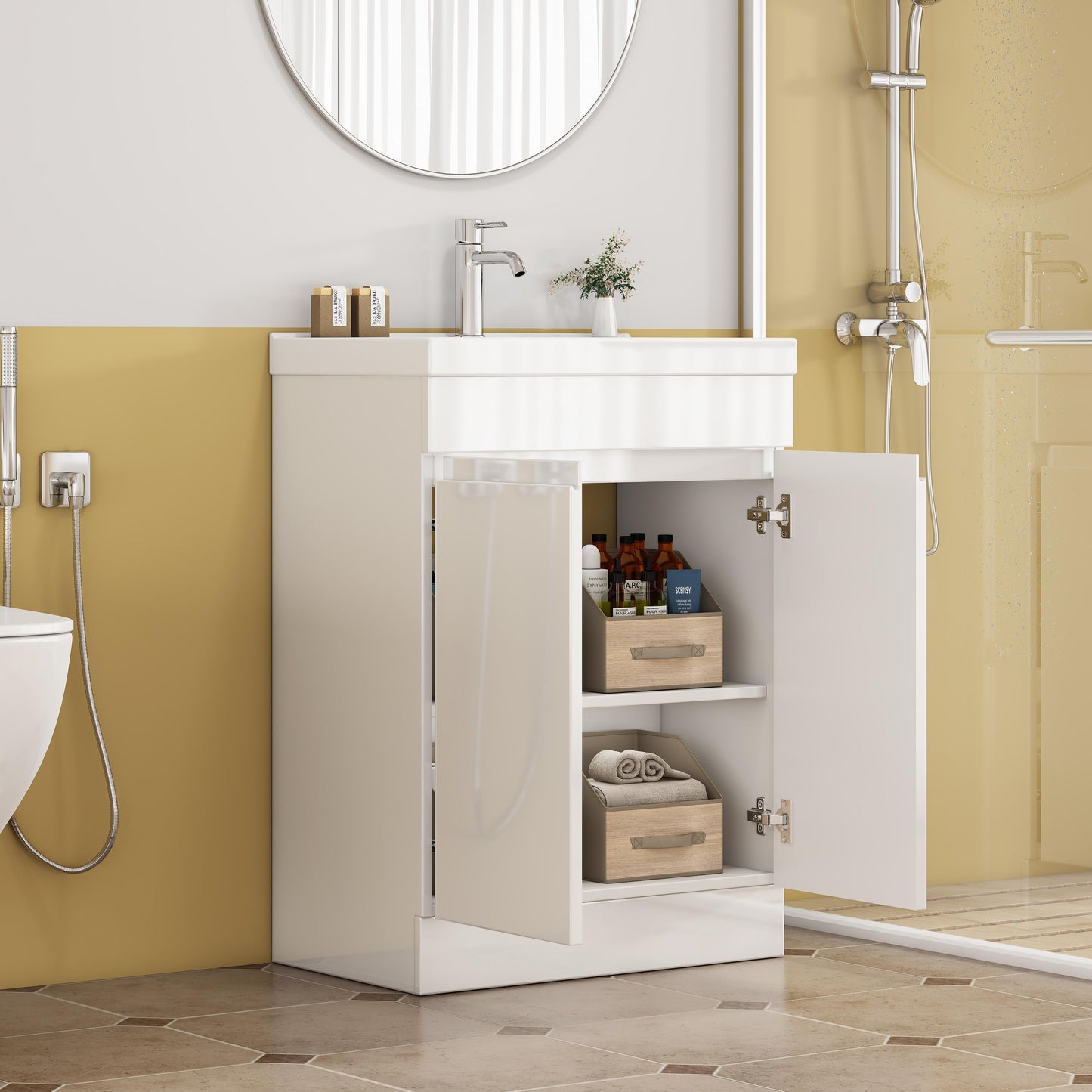 24-Inch Bathroom Vanity With Sink Combo, 2 Doors Bathroom Cabinet, With Shelf,Handle Free Design,Unique Thick-Edged Ceramic Basin,Soft Close System Hinge,Easy Assemble,Glossy White image 8