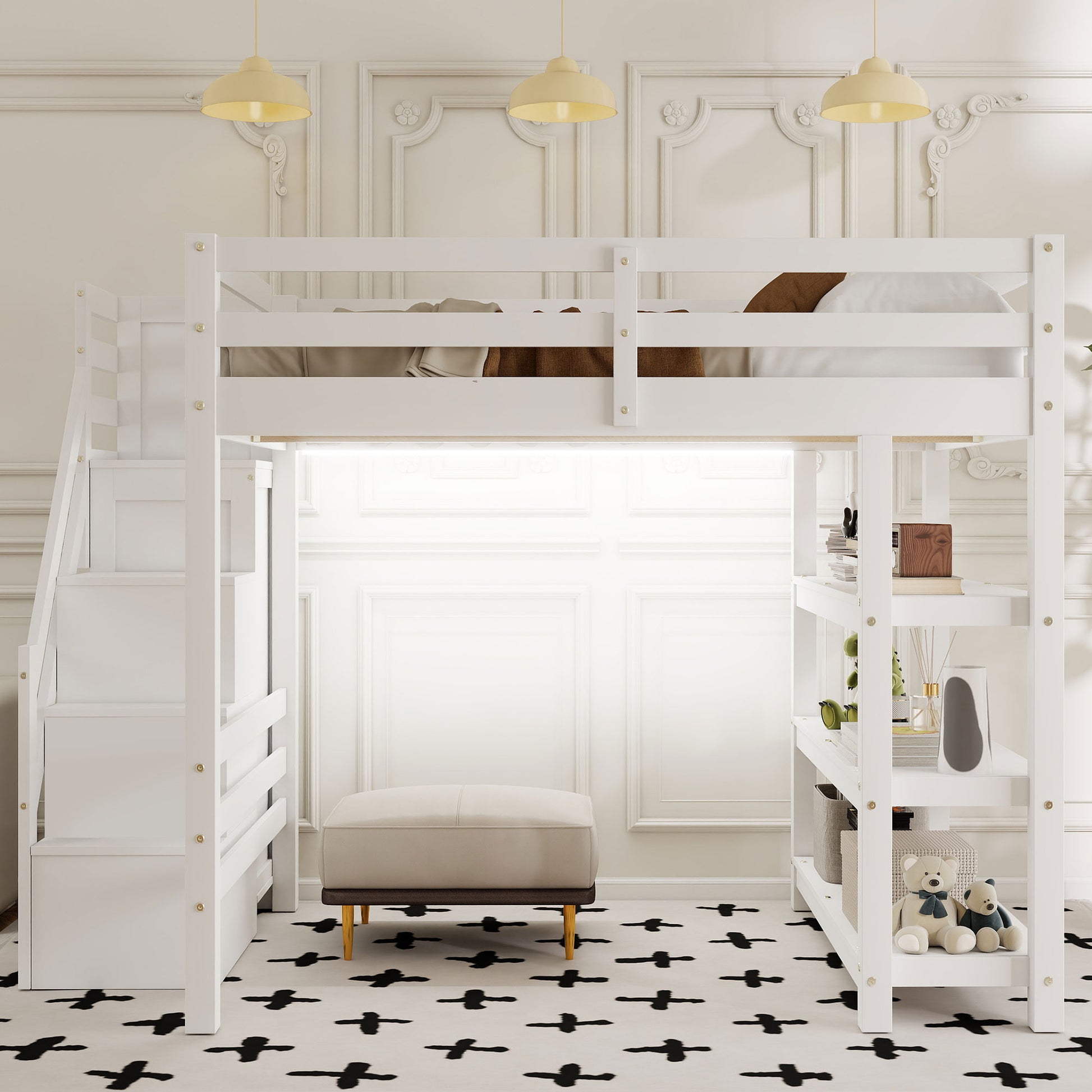Full Size Loft Bed with Shelves, Storage Staircase, Small Wardrobe and White LED Light, White(Old SKU:N7090000472K) image 3