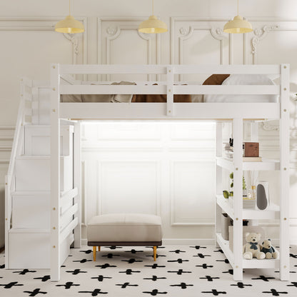 Full Size Loft Bed with Shelves, Storage Staircase, Small Wardrobe and White LED Light, White(Old SKU:N7090000472K) image 3