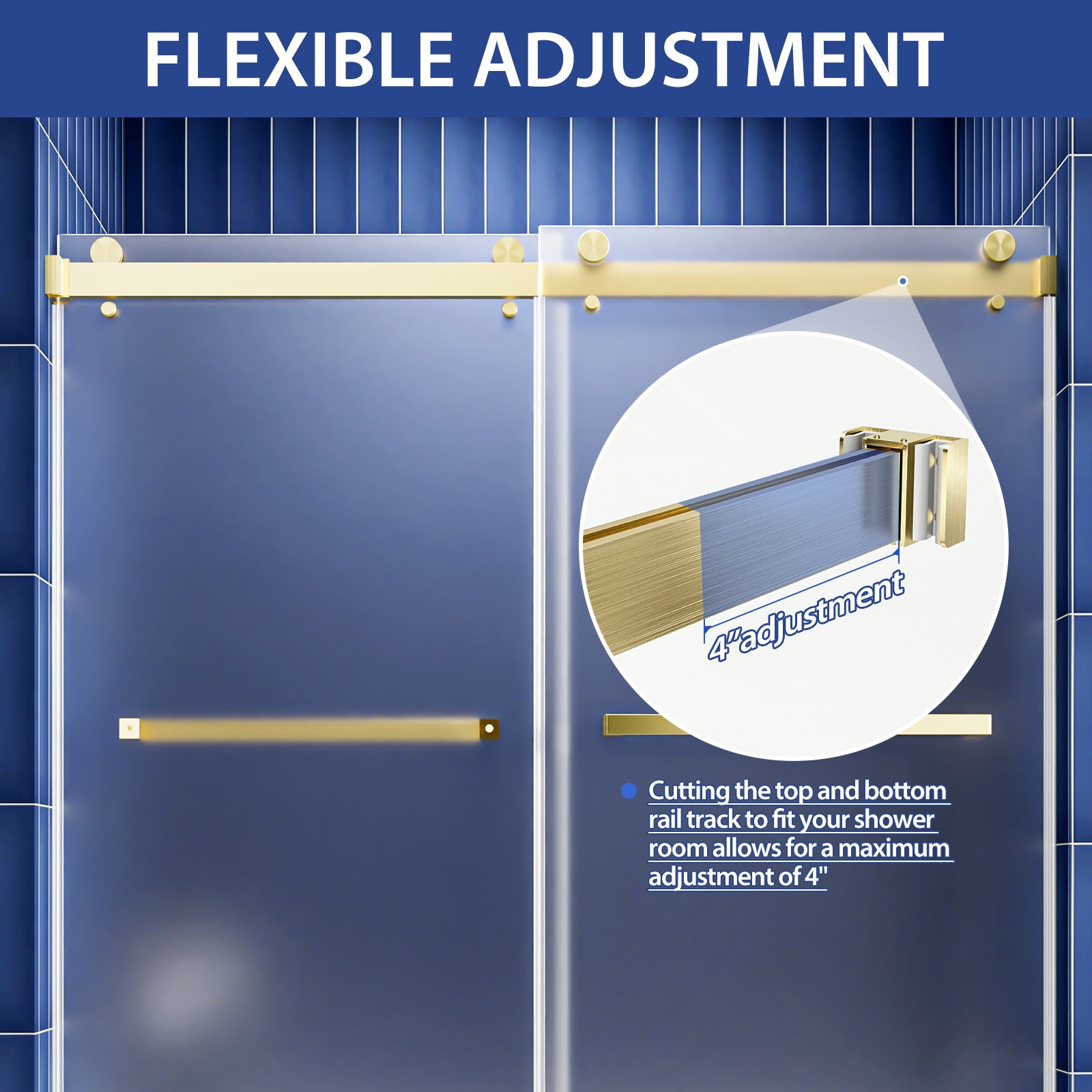 56-60" W x 60" H Frameless Double Sliding Shower Door, Premium 1/4" (6mm) Thick Frosted Ultra-Clear Nano-Coated Tempered Glass, Stainless Steel, Brushed Gold image 7