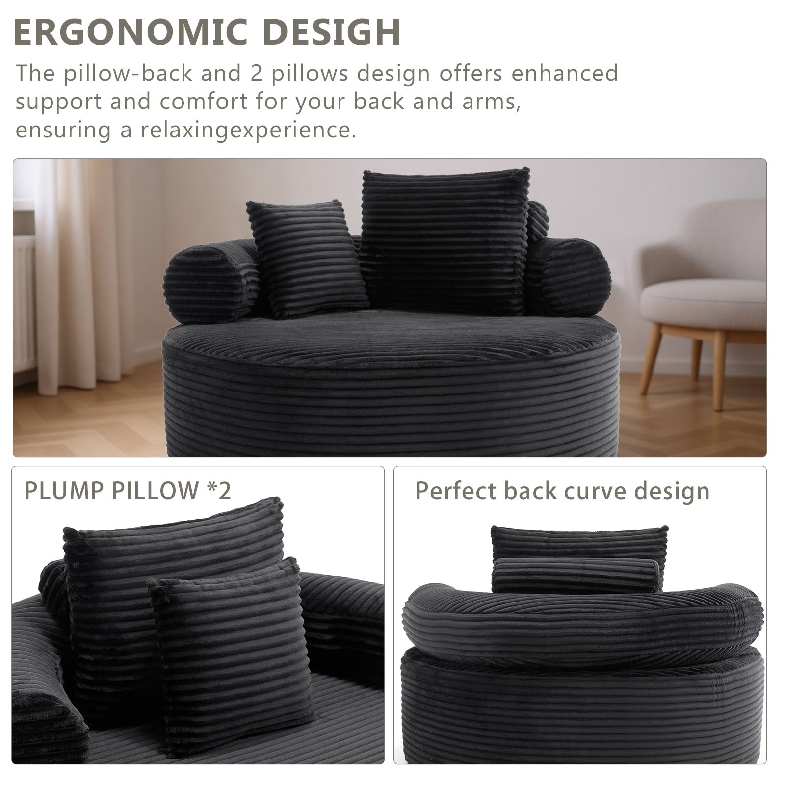 Round Sofa Bed with Memory Foam Sectional Couches for Living Room, Cloud Couch with three pillows, Black image 6