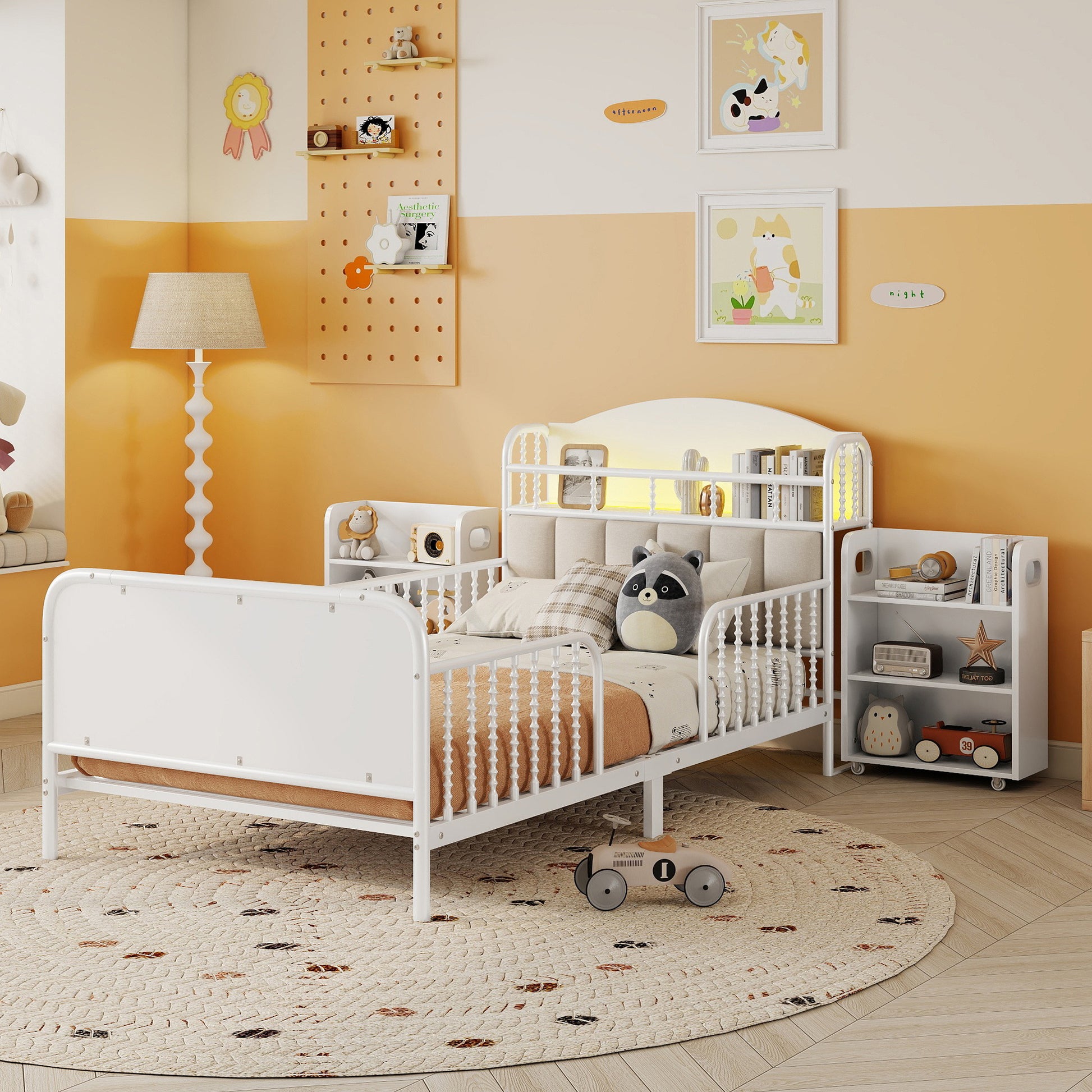 Twin Size Metal Platform Bed Frame with Light, Kids Twin Metal Bed with Upholstered and Pull Out Storage Shelves, White (Expect Arrival Date 2025/10/5) image 1