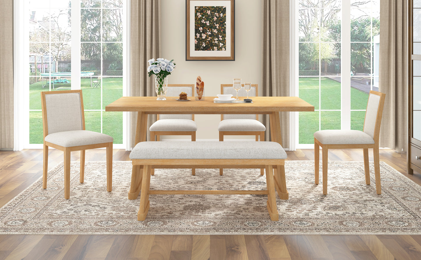 TREXM 6-Piece Rustic Farmhouse Dining Table Set with Wire Brushed Design, Rectangular Dining Table with Trapezoid Legs, 4 Upholstered Linen Chairs & 1 Padded Bench for Dining Room & Kitchen (Natural) image 4