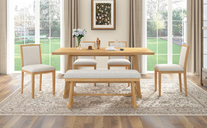 TREXM 6-Piece Rustic Farmhouse Dining Table Set with Wire Brushed Design, Rectangular Dining Table with Trapezoid Legs, 4 Upholstered Linen Chairs & 1 Padded Bench for Dining Room & Kitchen (Natural) image 4