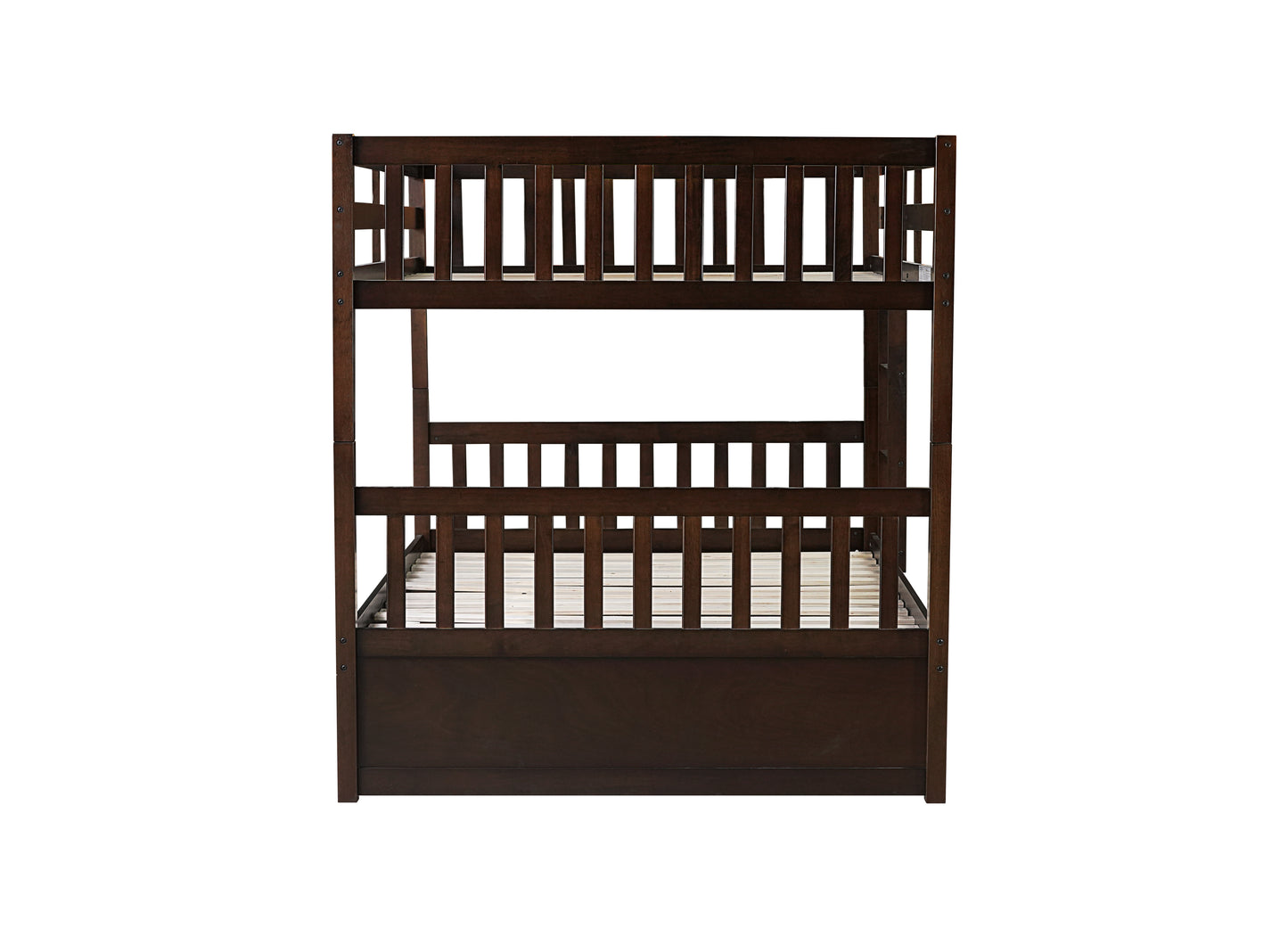 Full Over Full Rubber Wood Bunk Bed with Trundle, Ladder and Guardrails, Convertible to 2 Full Size Beds, with Twin Size Trundle,Espresso image 4