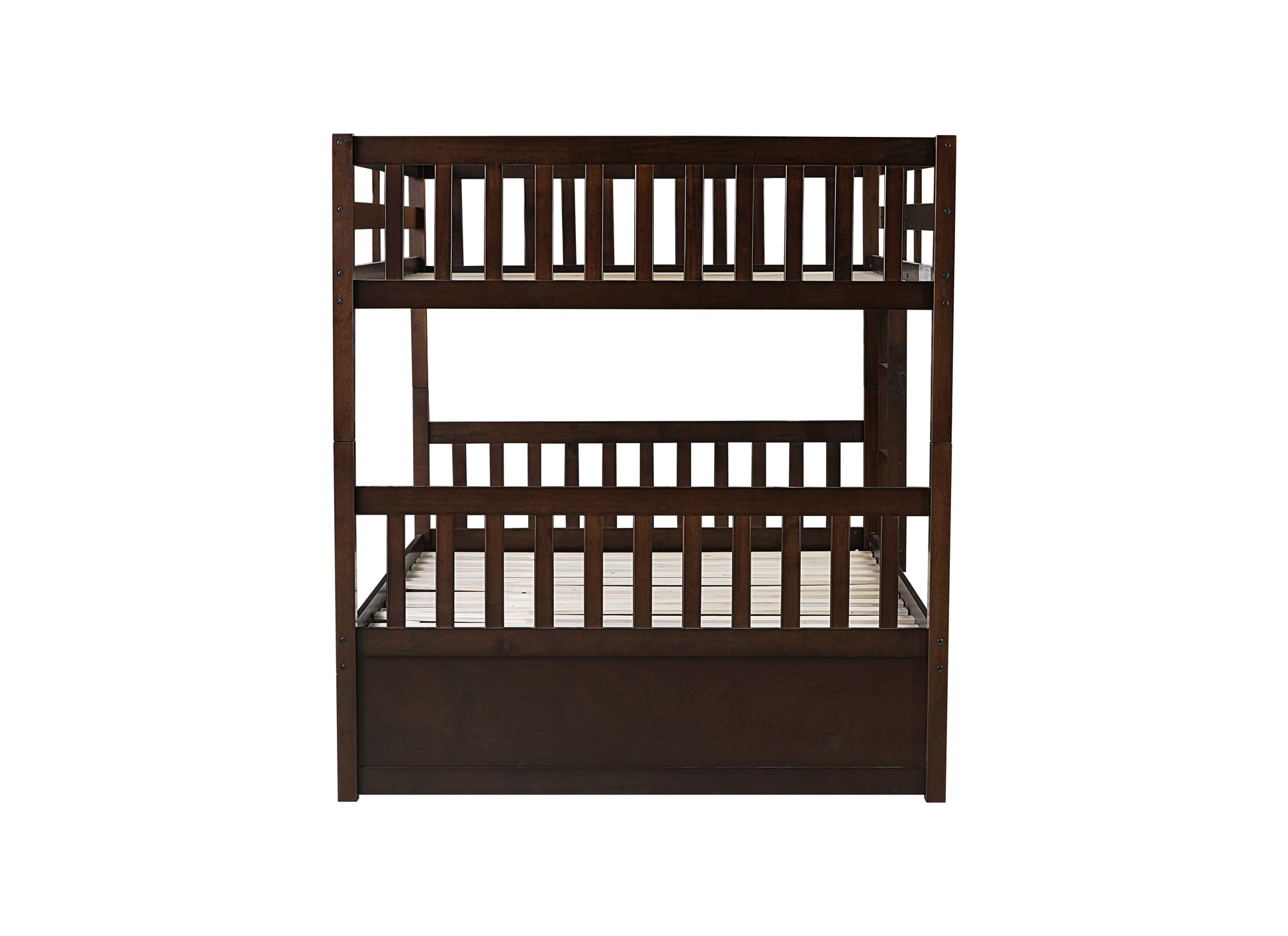 Full Over Full Rubber Wood Bunk Bed with Trundle, Ladder and Guardrails, Convertible to 2 Full Size Beds, with Twin Size Trundle,Espresso image 4