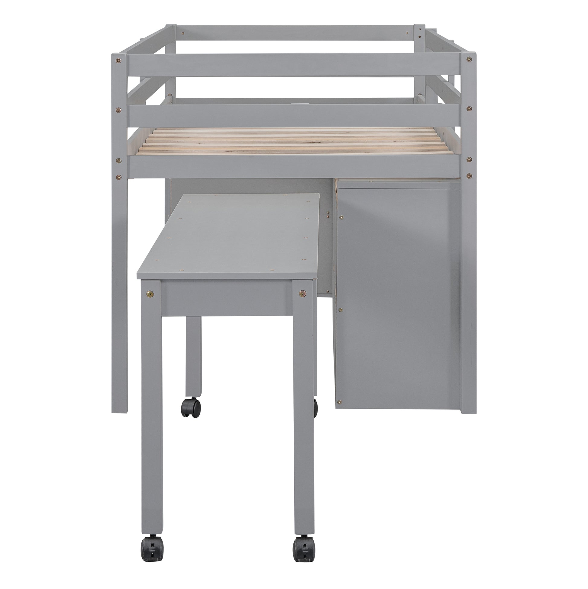 Twin Size Loft Bed with Retractable Writing Desk and 4 Drawers, Wooden Loft Bed with Lateral Portable Desk and Shelves, Gray image 12