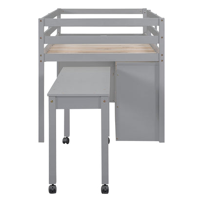 Twin Size Loft Bed with Retractable Writing Desk and 4 Drawers, Wooden Loft Bed with Lateral Portable Desk and Shelves, Gray image 12