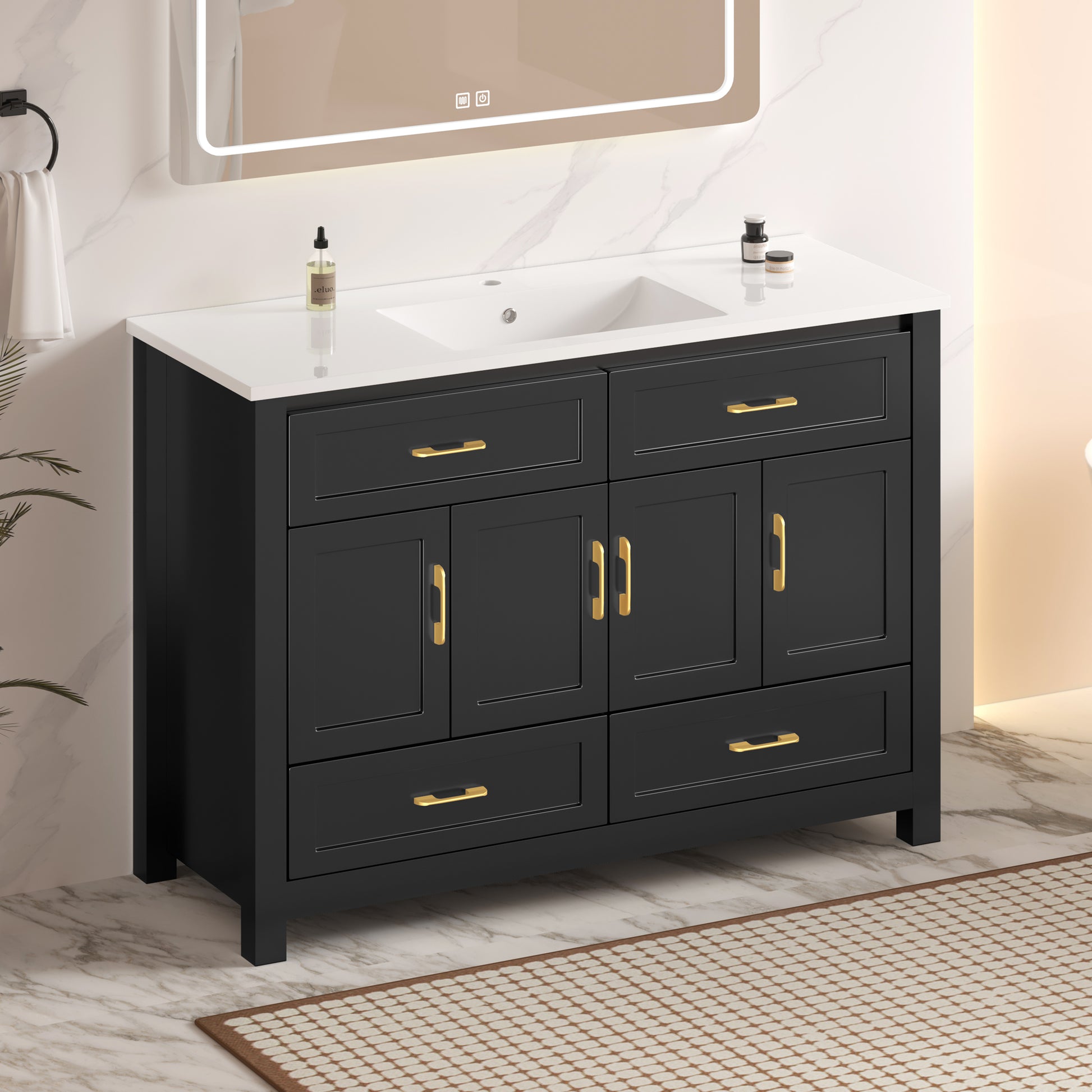 48" Black Bathroom Vanity with Resin sink Combo, Abundant Storage Cabinet -4 Soft close doors and 4 drawers image 2