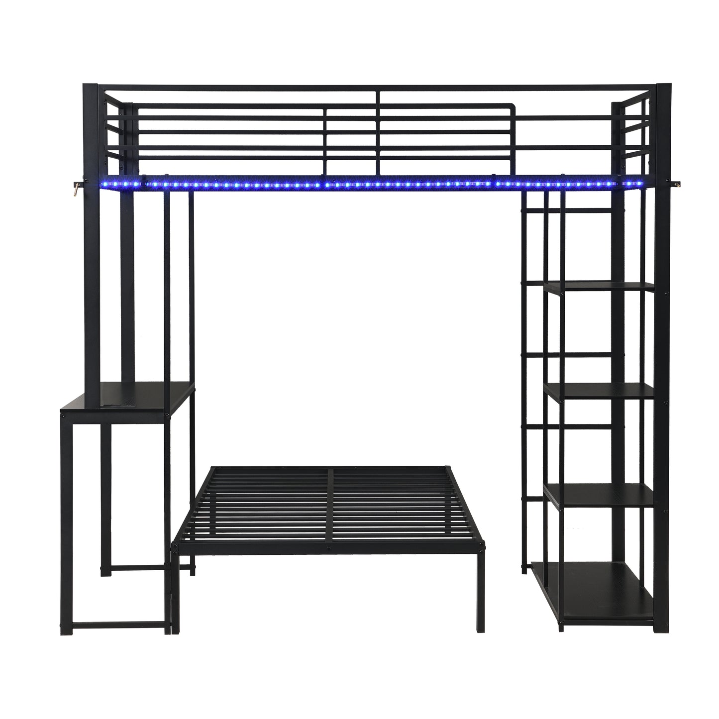 Metal Loft Bed Frame with LED Light Strip, Side Storage Shelves & Built-in Desk, TWIN/TWIN Size Metal Bunk Bed, Dorm, Apartment, Guest Room image 10