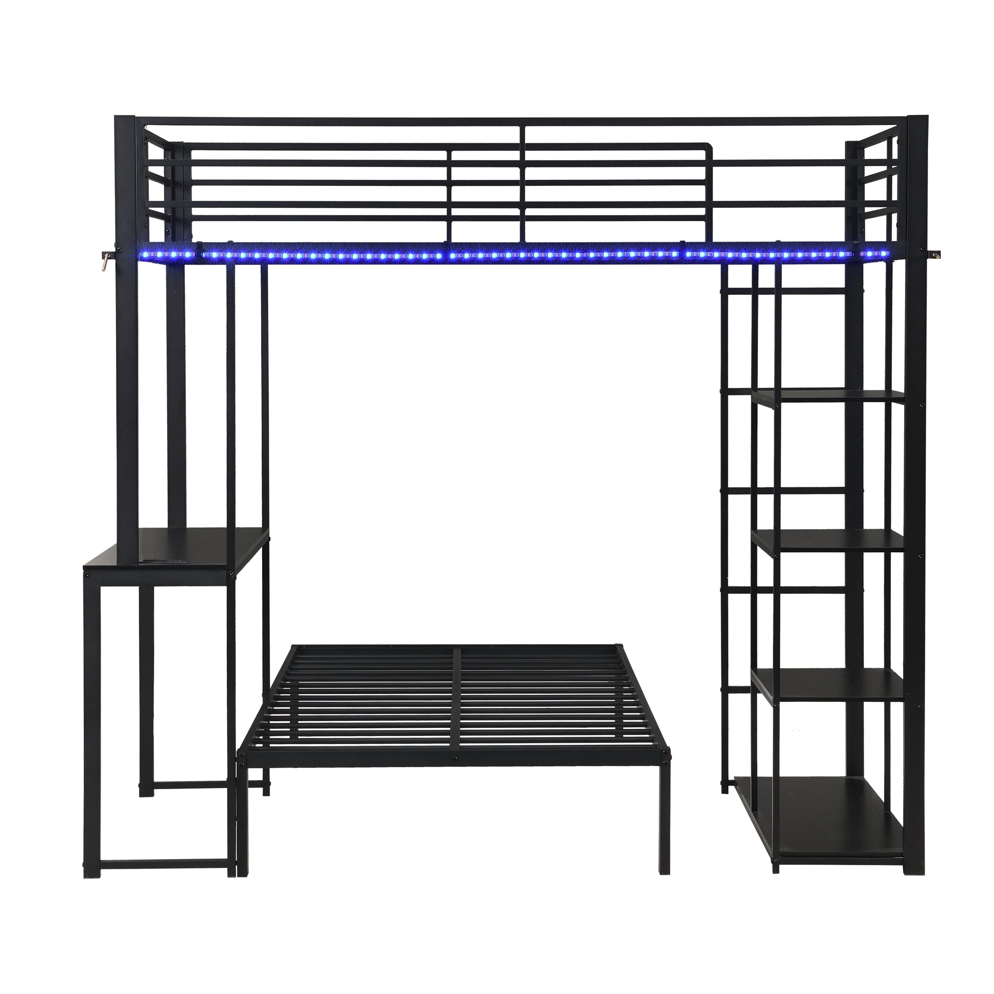 Metal Loft Bed Frame with LED Light Strip, Side Storage Shelves & Built-in Desk, TWIN/TWIN Size Metal Bunk Bed, Dorm, Apartment, Guest Room image 10