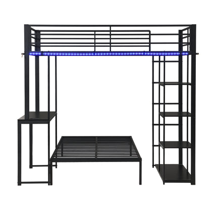 Metal Loft Bed Frame with LED Light Strip, Side Storage Shelves & Built-in Desk, TWIN/TWIN Size Metal Bunk Bed, Dorm, Apartment, Guest Room image 10