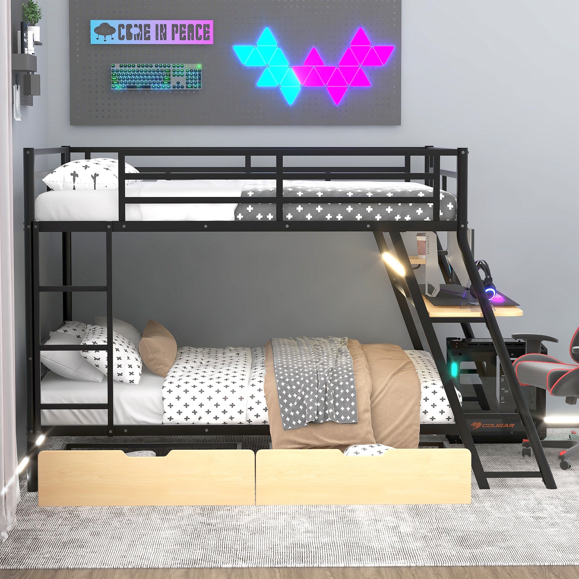 Full Size Metal Bunk Bed with Built-in Desk, Light and 2 Drawers, Black image 3