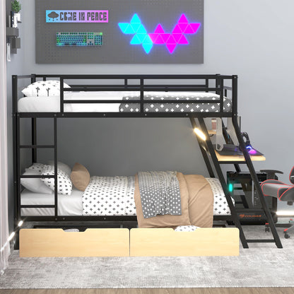 Full Size Metal Bunk Bed with Built-in Desk, Light and 2 Drawers, Black image 3