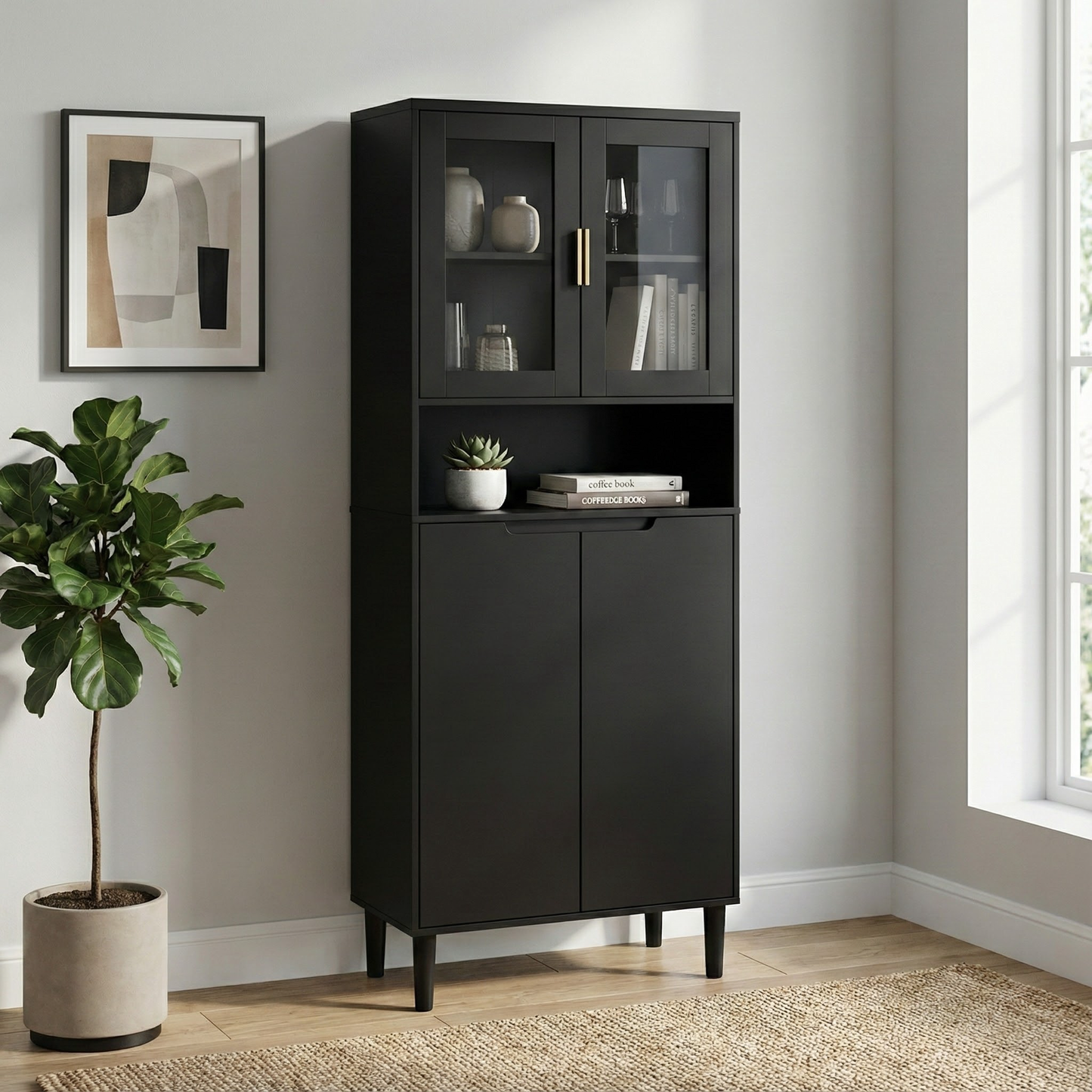 Tempered Glass Door Tall Storage Bookcase with adjustable board, 4 doors MDF painting finished cabinet, Black, Living room Bedroom storage image 1