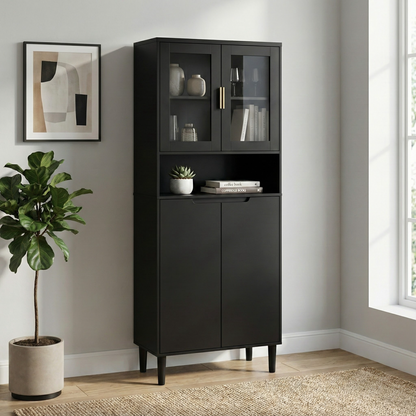 Tempered Glass Door Tall Storage Bookcase with adjustable board, 4 doors MDF painting finished cabinet, Black, Living room Bedroom storage image 1