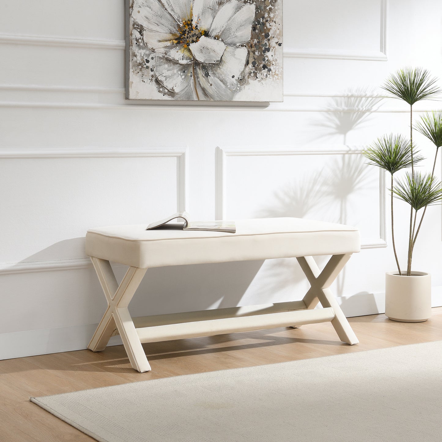 Comfort Double Bench Upholstered in Velvet Fabric,Stool with Stylish X-Crossed Legs,Comfort Cushion with piping,Velvet Beige image 1